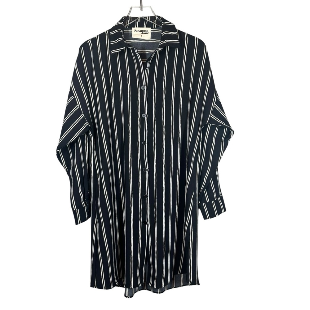 SAVANNA JANE Women's Small Black & White Striped Button Down Shirt Dress